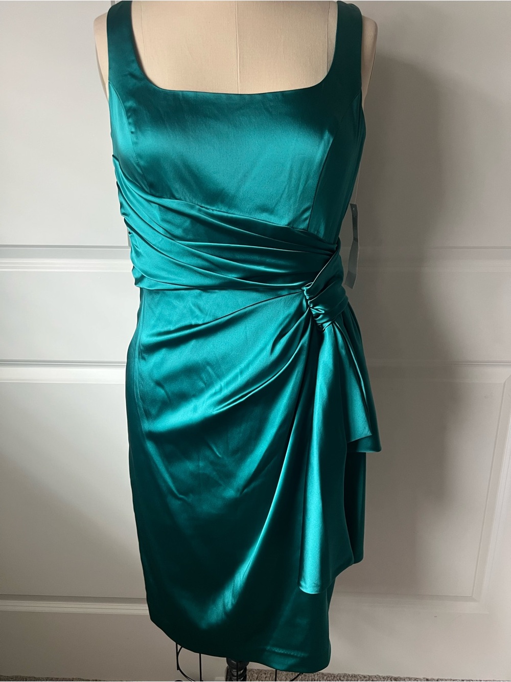 Maggy London Teal Satin Draped Midi Dress - Picture 3 of 15